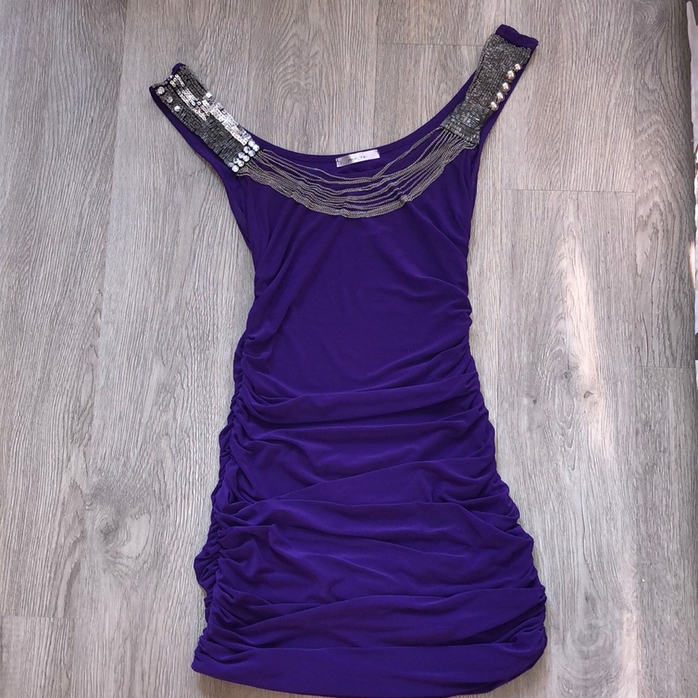 Purple ruched mini dress